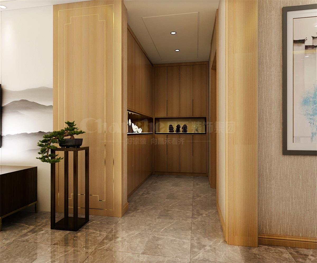 進(jìn)門處的鞋柜，既滿足了屋主的生活習(xí)慣，又體現(xiàn)出對自然人文古意的喜好之情。